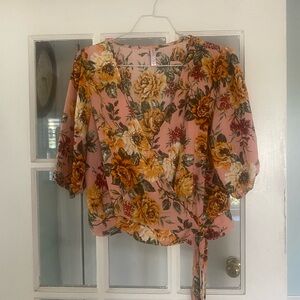 Xhilaration Floral Wrap Blouse - Pink and Yellow